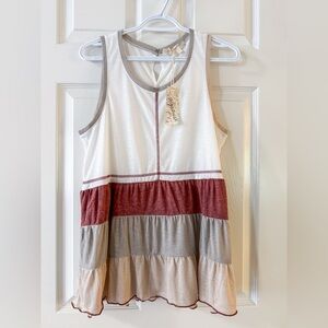 Mystree Color-block Lightweight Boho Arthoe White/ Tan Linen Blend Top, Large